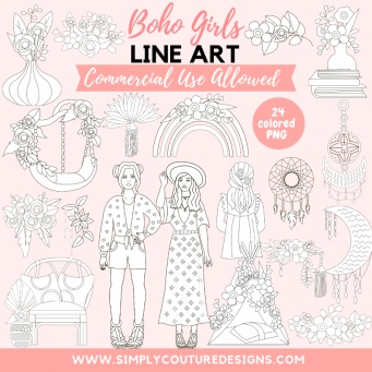 Boho Girls Line Art Pack