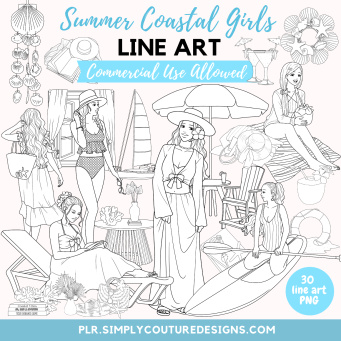 Summer Coastal Girls Line Art
