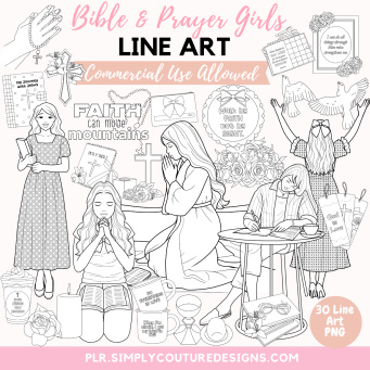Bible and Prayer Girls Line Art