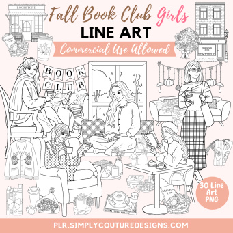 Fall Book Club Girls Line Art