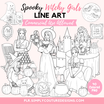 Spooky Witchy Girls Line Art