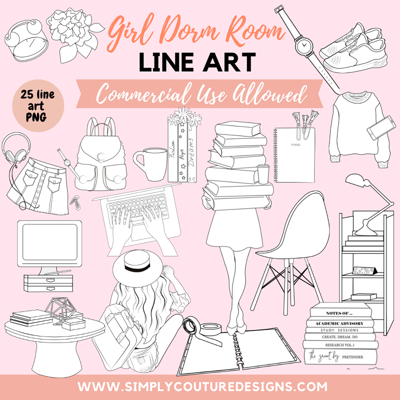 Girl Dorm Room Line Art
