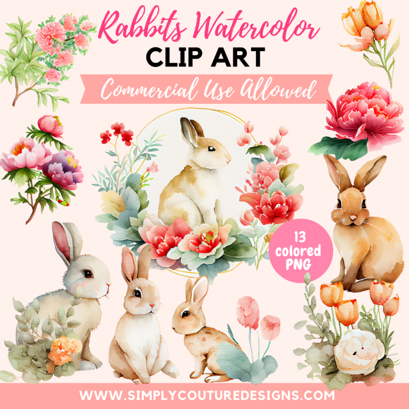Rabbits Watercolor Clip Art Pack