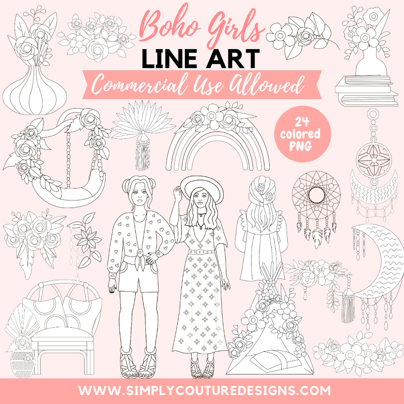 Boho Girls Line Art Pack