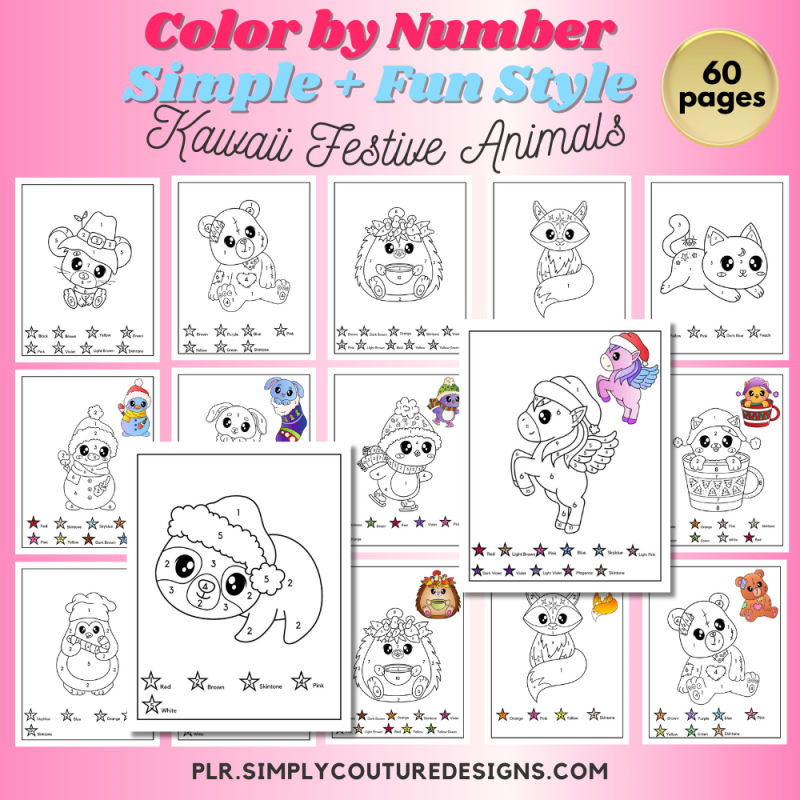 Kawaii Festive Animals Color By Number Bundle