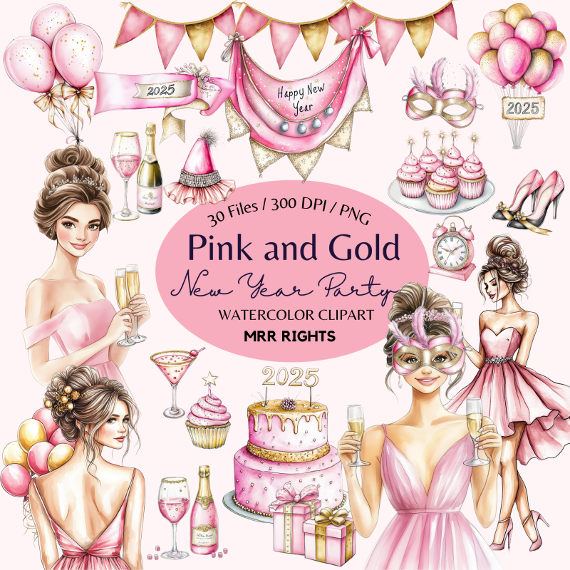 Pink and Gold New Year Party Clipart