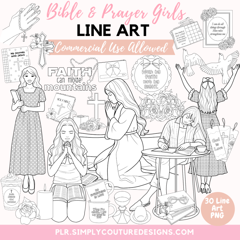 Bible and Prayer Girls Line Art