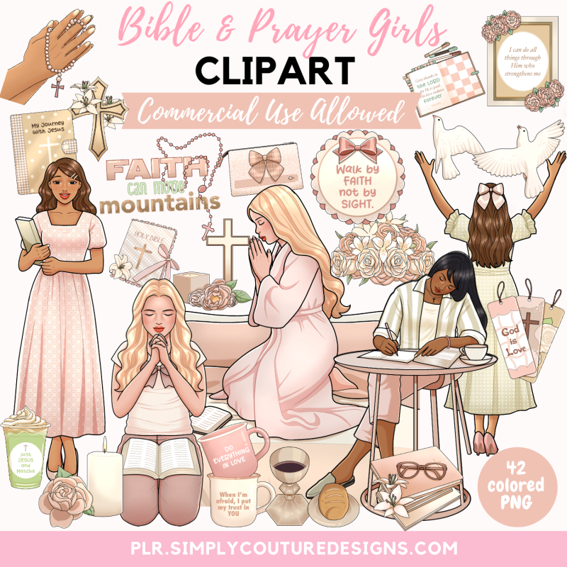 Bible and Prayer Girls Clipart