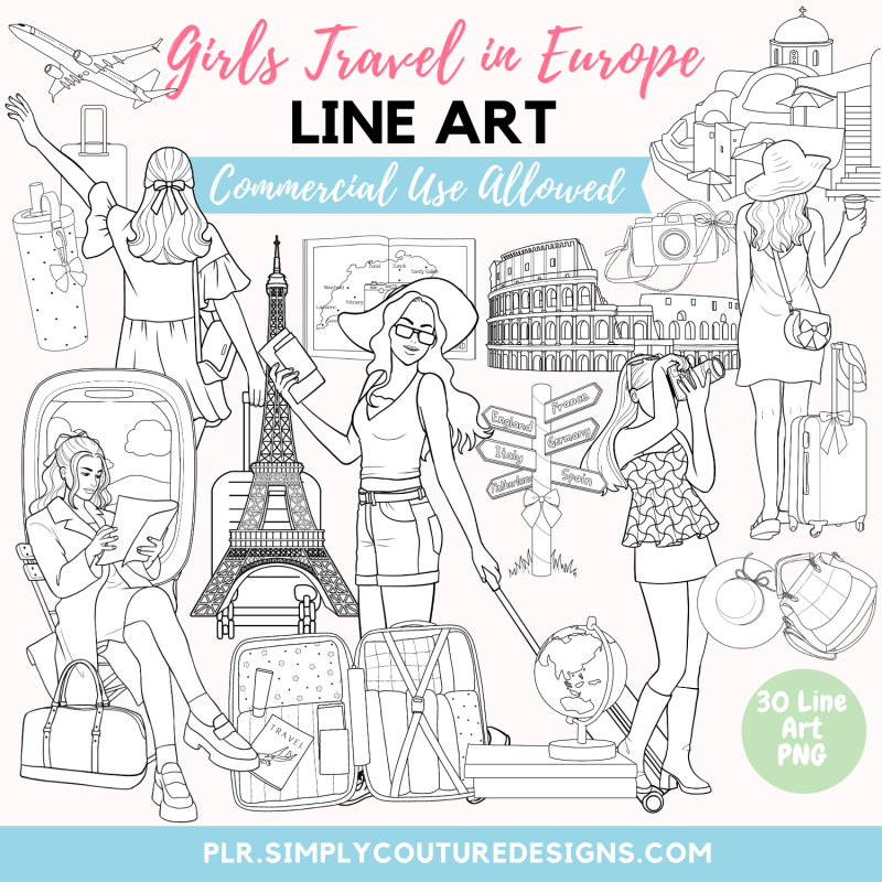 Girls Travel in Europe Line Art