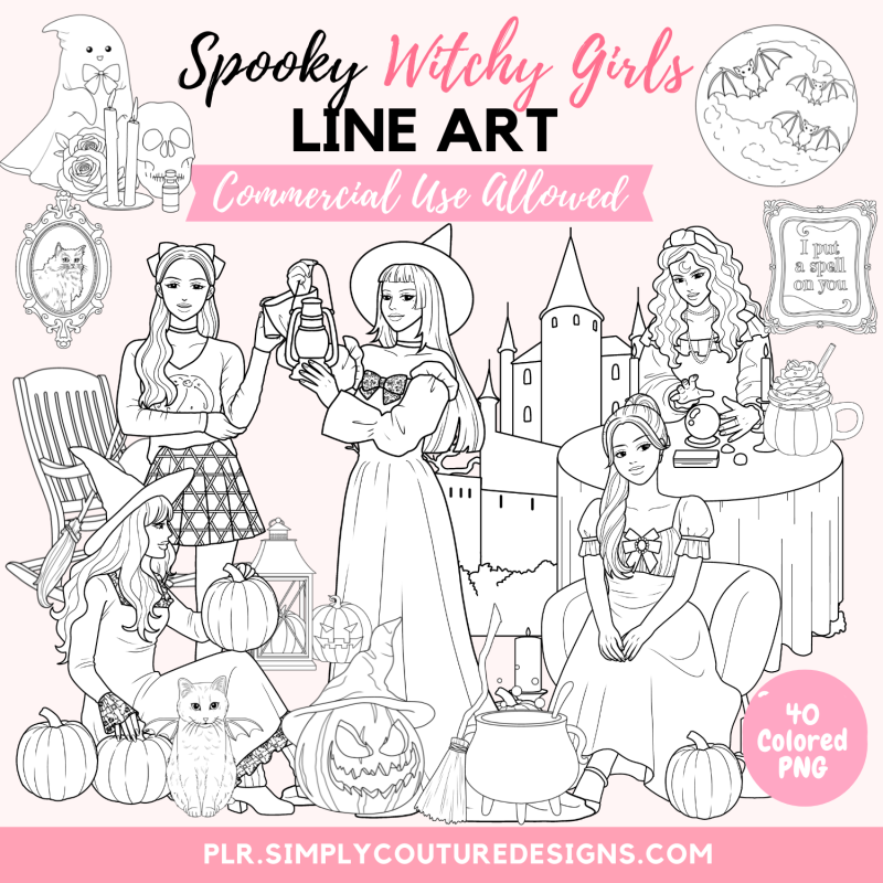 Spooky Witchy Girls Line Art