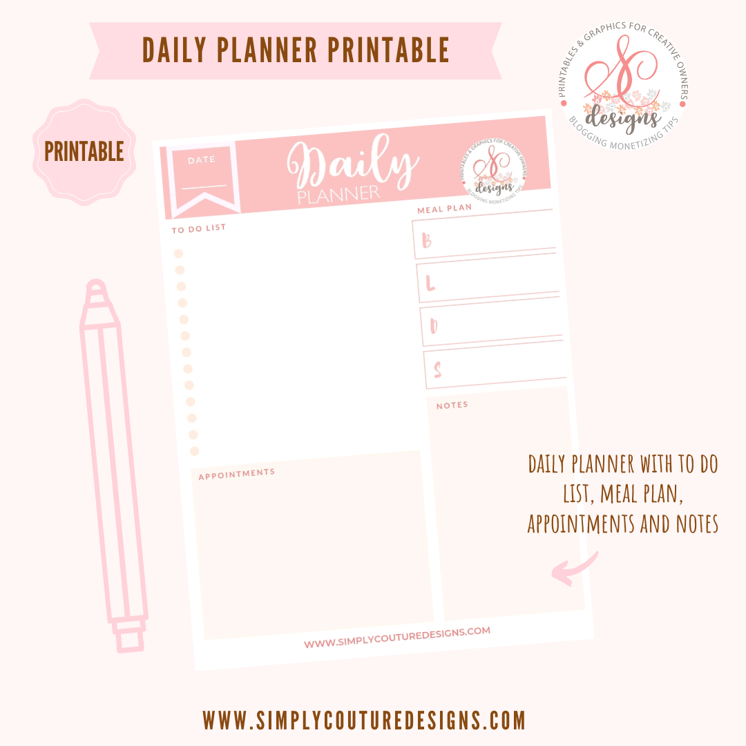 Daily Planner Printable with meal plan, appointments and notes