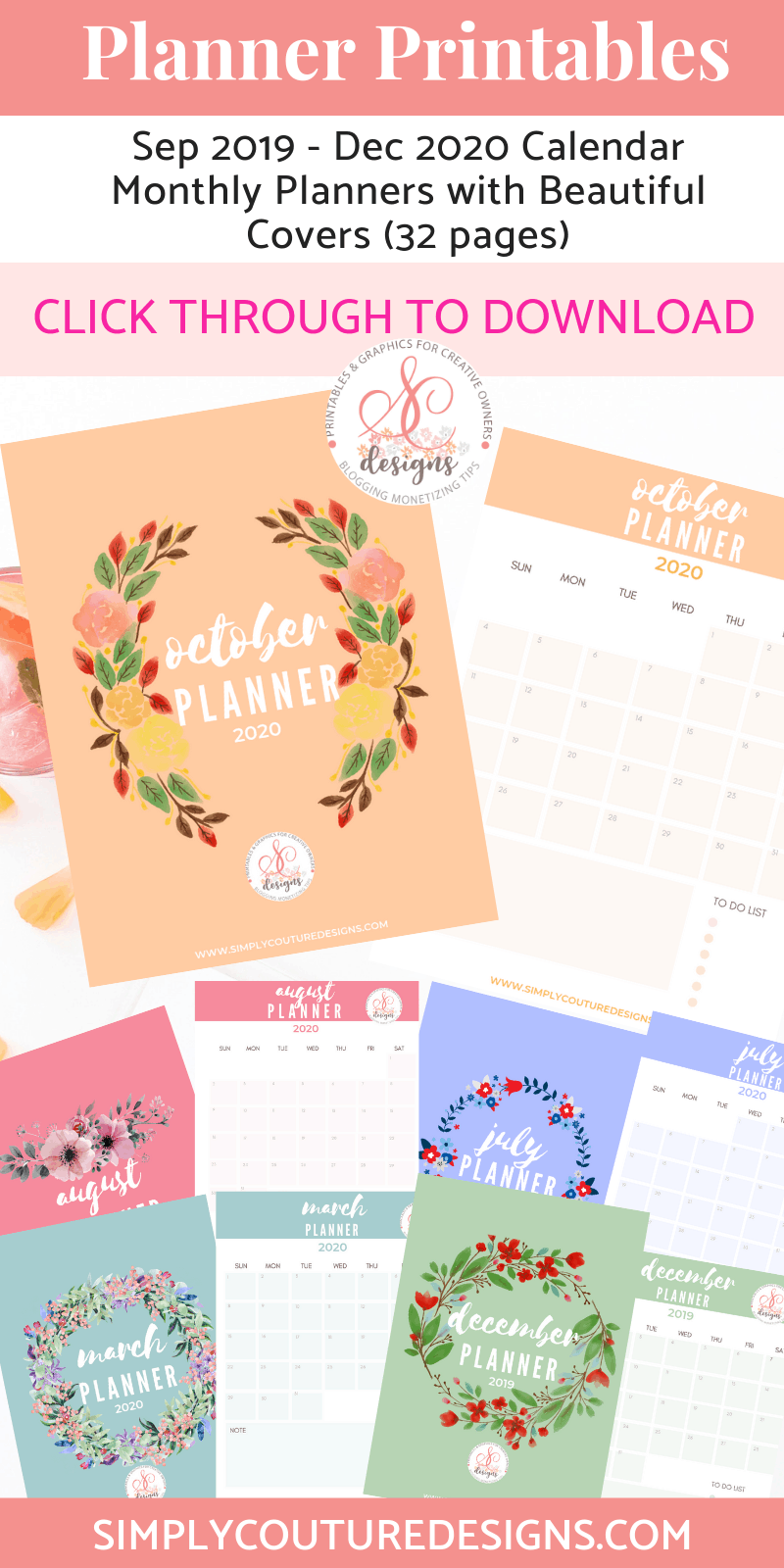2019/2020 Monthly Calendar planner printables with beautiful floral wreath covers #2020calendarprintable #2010calendarprintable #calendarprintable #wreath #floral #plannercover #calendarplannerprintable