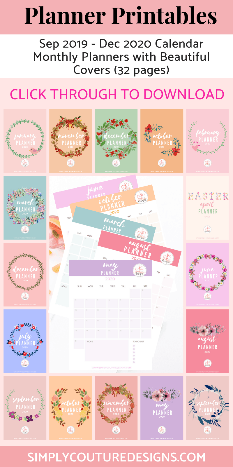 2019/2020 Monthly Calendar planner printables with beautiful floral wreath covers #2020calendarprintable #2010calendarprintable #calendarprintable #wreath #floral #plannercover #calendarplannerprintable