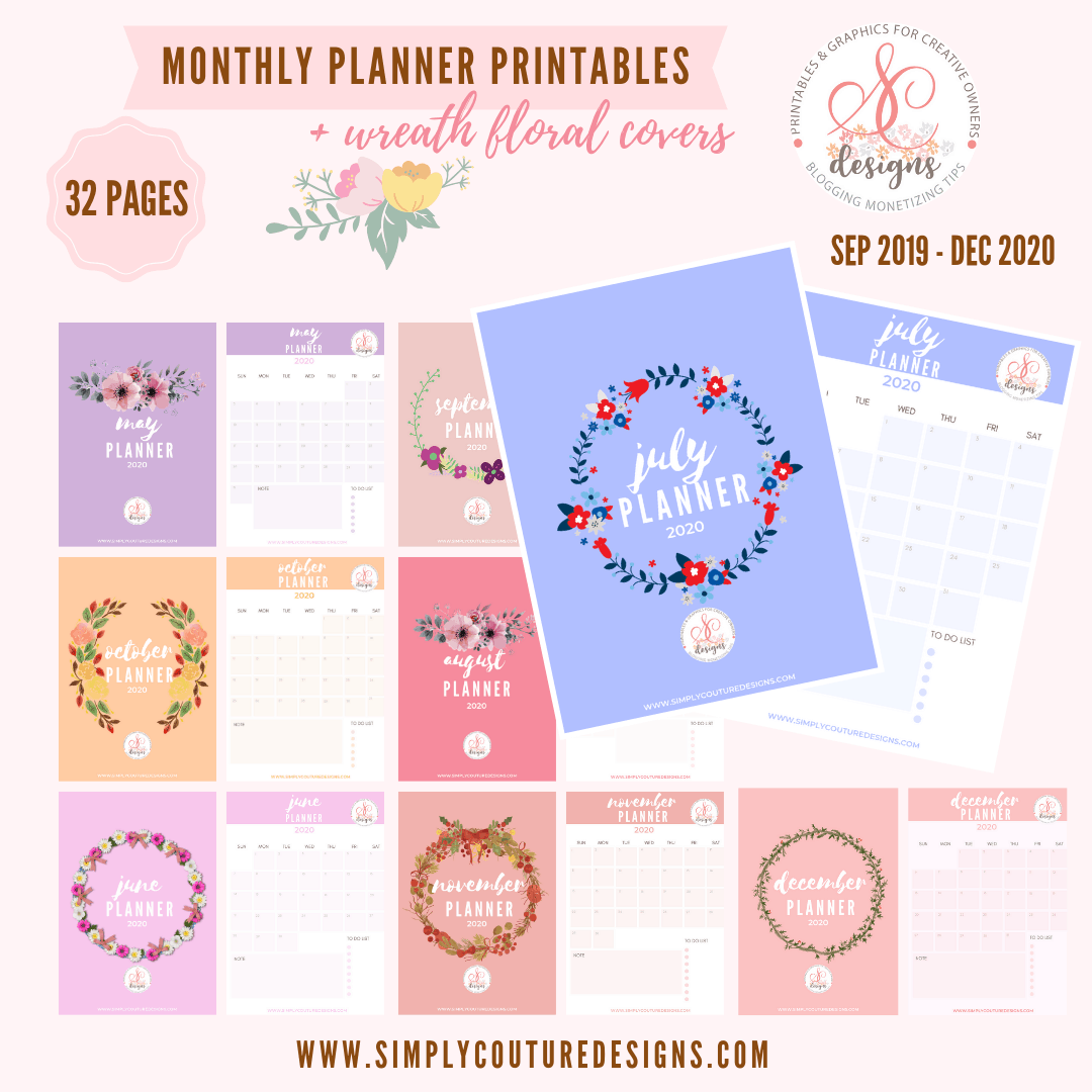 2020 Calendar Monthly Planner Printable with floral covers