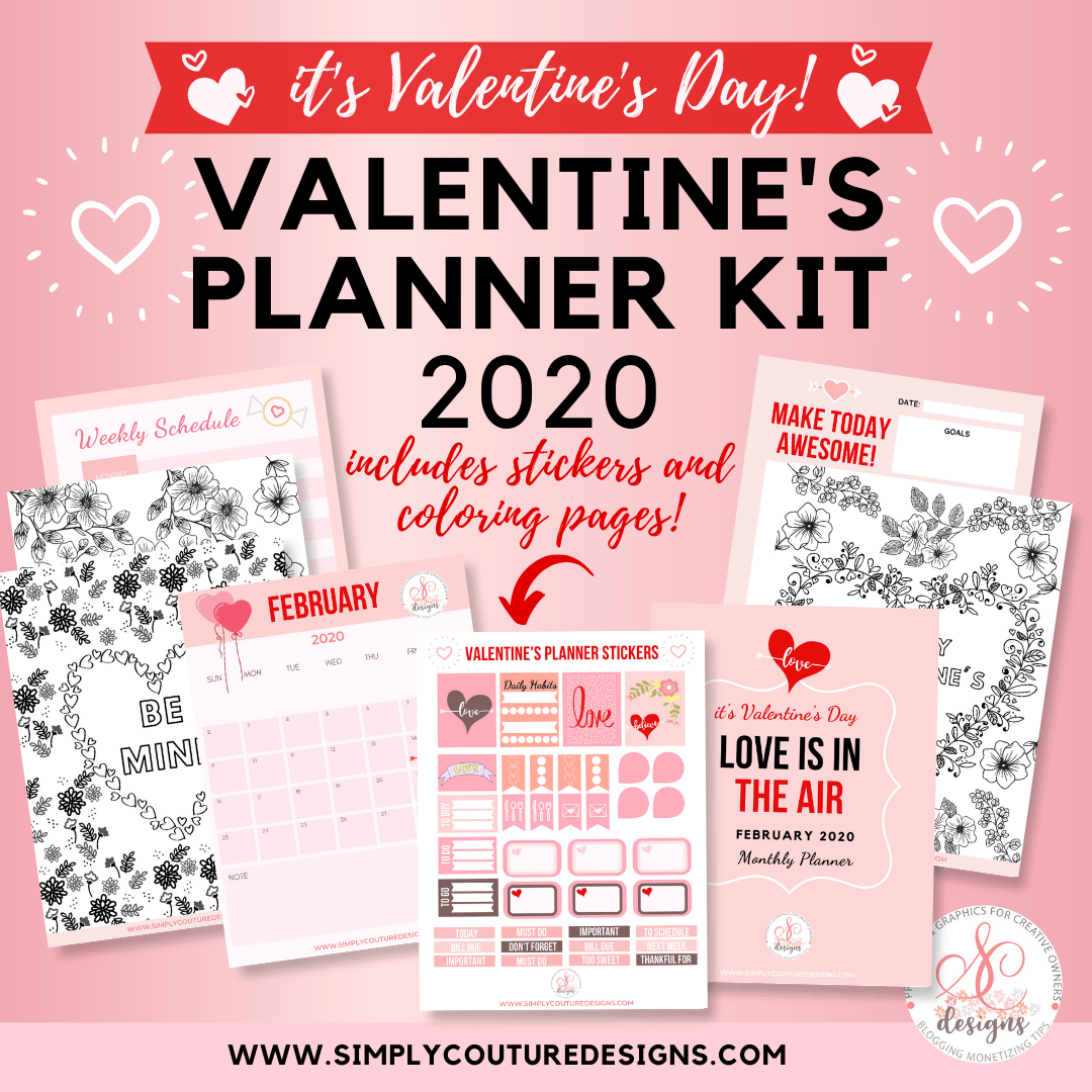 Love is in the air February 2020 monthly, weekly and daily planner printable pages. Includes bonus planner sticker printables. Adorable and functional. Just print and cut then to decorate your planner pages. #plannerprintable #plannerstickers #monthlyplanner #weeklyplanner #dailyplanner #valentinesprintable #valentinestickers #coloringpages #valentinescolorpages